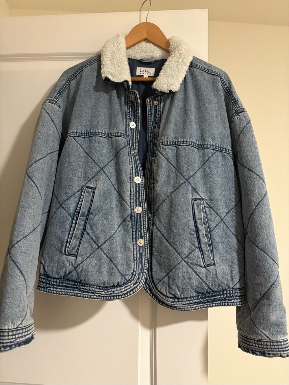 Nicole Miller Light Blue Quilted Denim Jacket with White Sherpa Collar